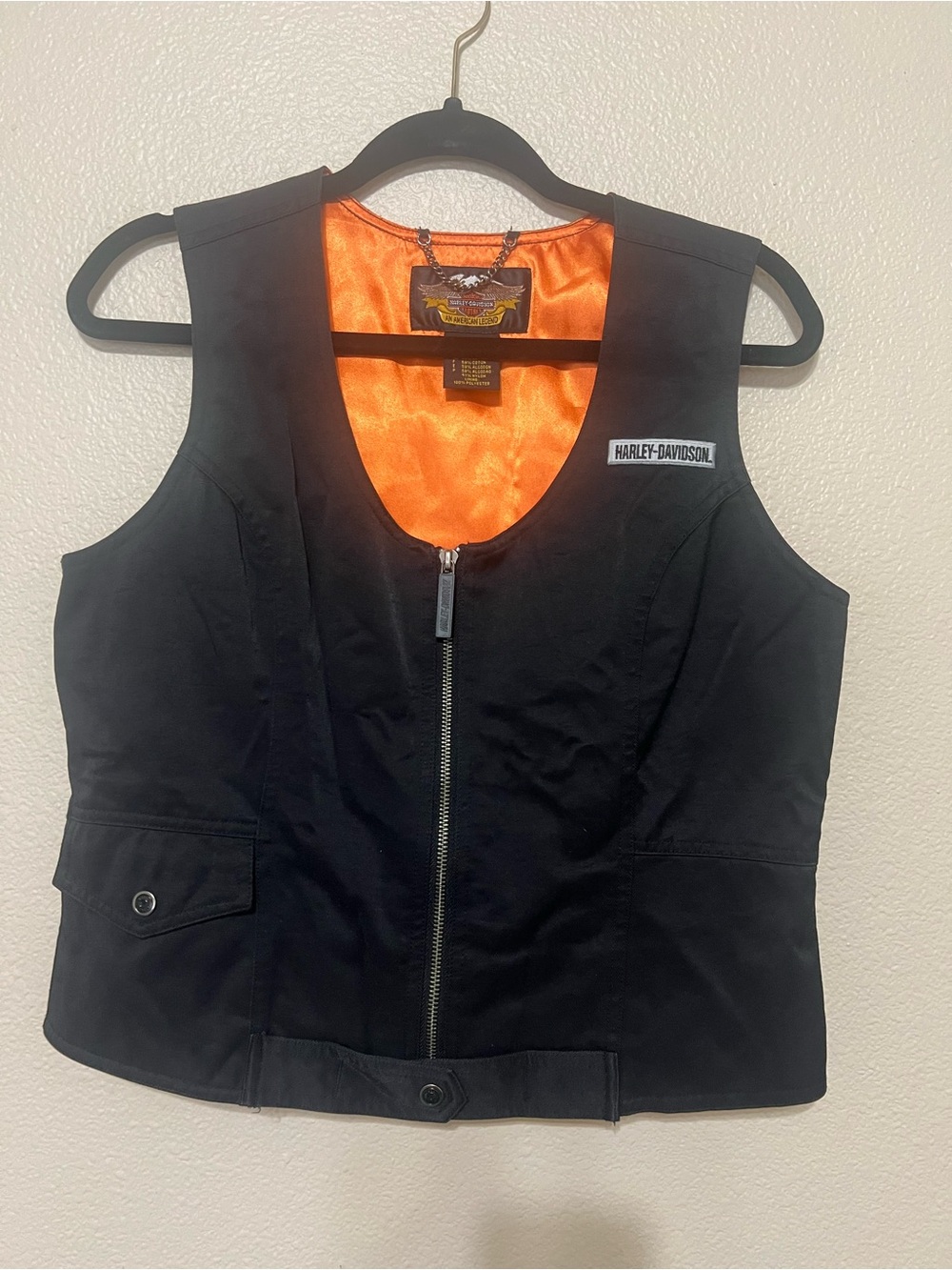 Harley-Davidson Women's Black Zip Front Vest with Orange Lining